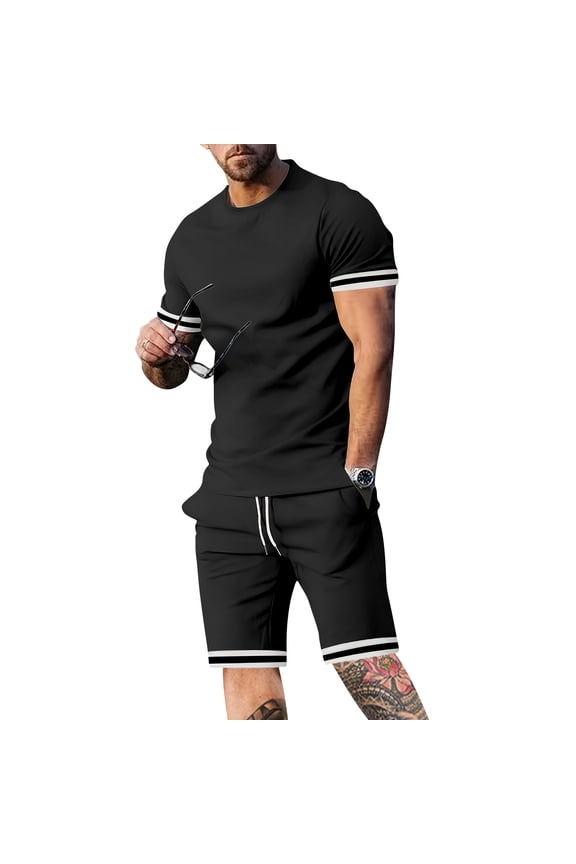Mens Track Suits 2 Piece Set Casual Striped Cuff Crew Neck Short Sleeve T-Shirt And Drawstring Waist Shorts Two-Piece Tracksuit L Green