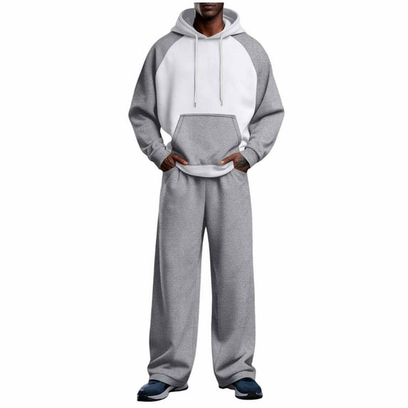 Mens Track Suits 2 Piece Set Color Block Pullover Hoodies with Kangaroo Pocket and Wide Leg Pants Casual Sweatsuits Set