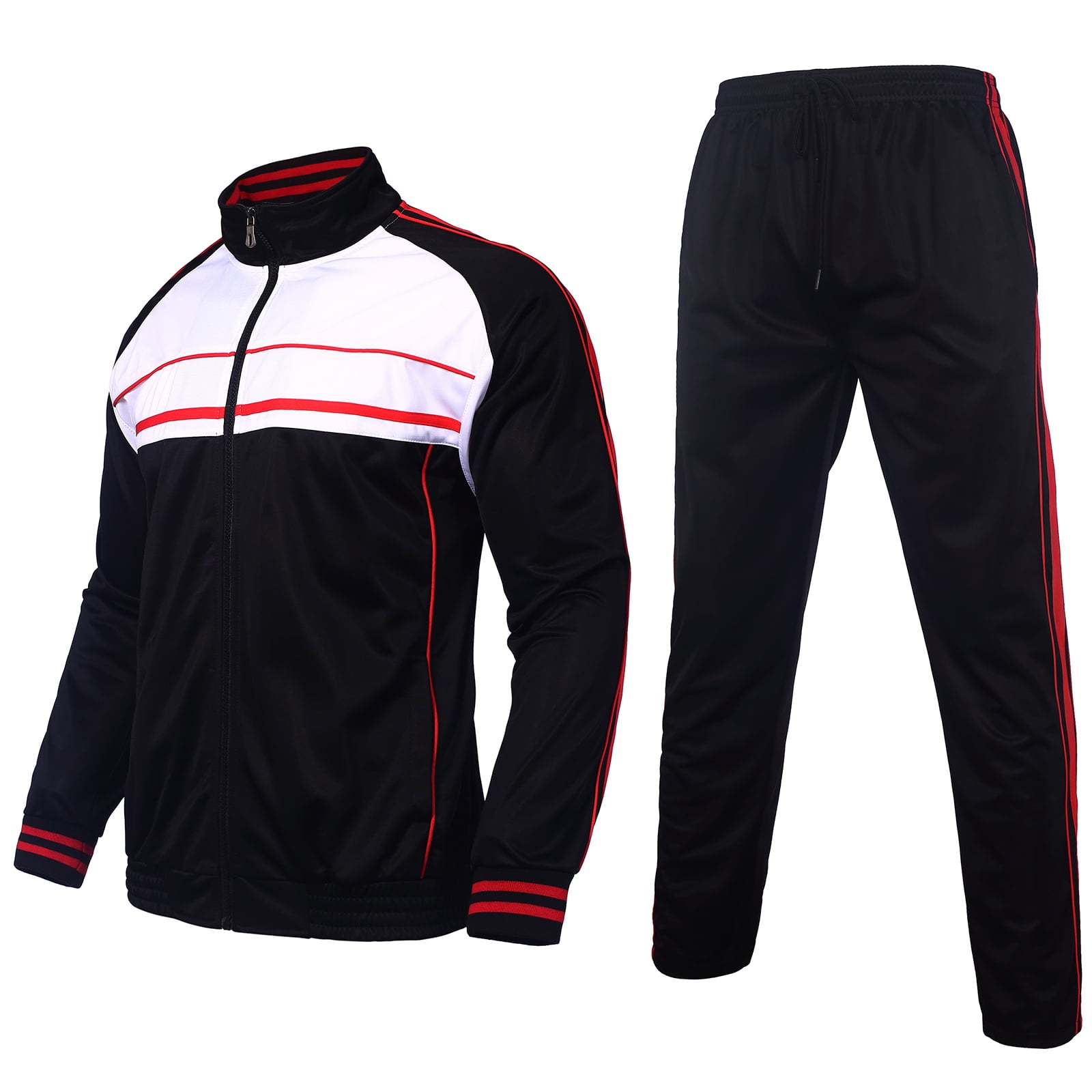 Mens Track Suits 2 Piece Set Full Zip Up Jogging Suits Long Sleeve Sweat  Suit Athletic Tracksuit Men(BLACK/RED,L) 