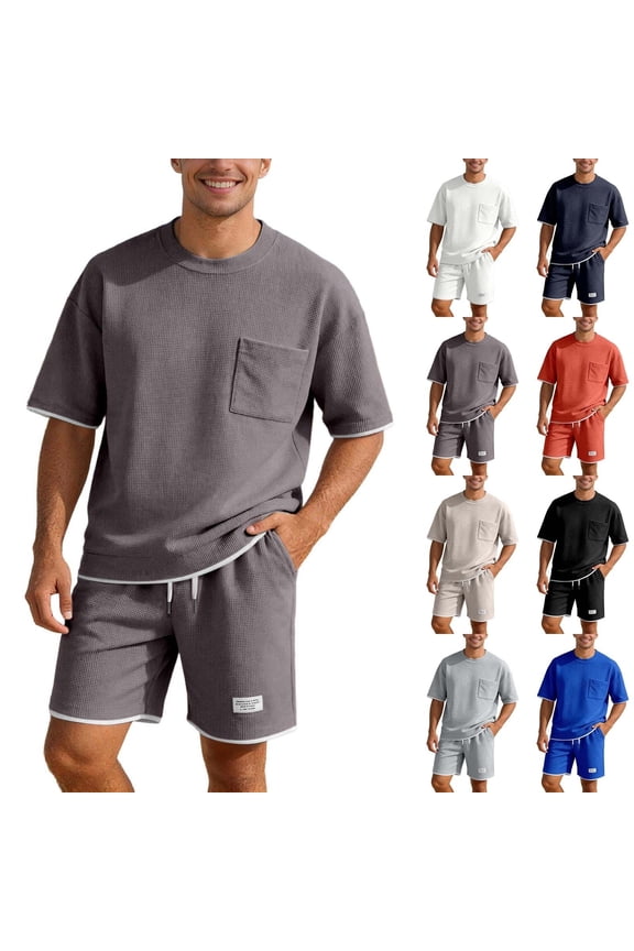 Mens Track Suits 2 Piece Set Short Sleeve Crew Neck Summer T Shirt And Drawstring Casual Track Shorts Sportswear Sets T Shirts Shorts Sets Fashion Retro Textured Sweatsuit Beige S