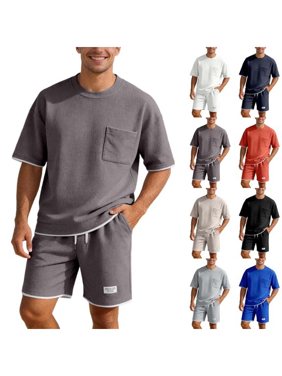 Mens Track Suits 2 Piece Set Short Sleeve Crew Neck Summer T Shirt And Drawstring Casual Track Shorts Sportswear Sets T Shirts Shorts Sets Fashion Retro Textured Sweatsuit Blue S