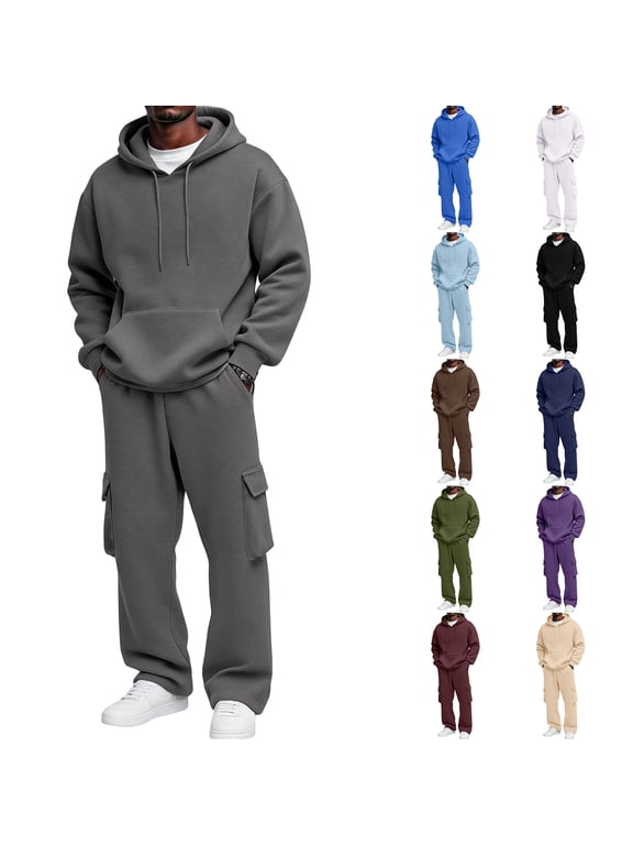 Mens Track Suits Long Sleeve Pullover 2 Piece Hoodie and Jogger Sweatpants, Drawstring Athletic Sweatsuit with Kangaroo Pockets for Running Travel Daily Wear