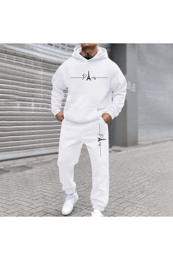 Mens Track Suits Paris Print Hoodie and Sweatpants Workout Gym Jogging Suit Lounge Outfit Big and Tall Casual Athletic Sweatsuits 2 Piece Set Winter Suit Sets