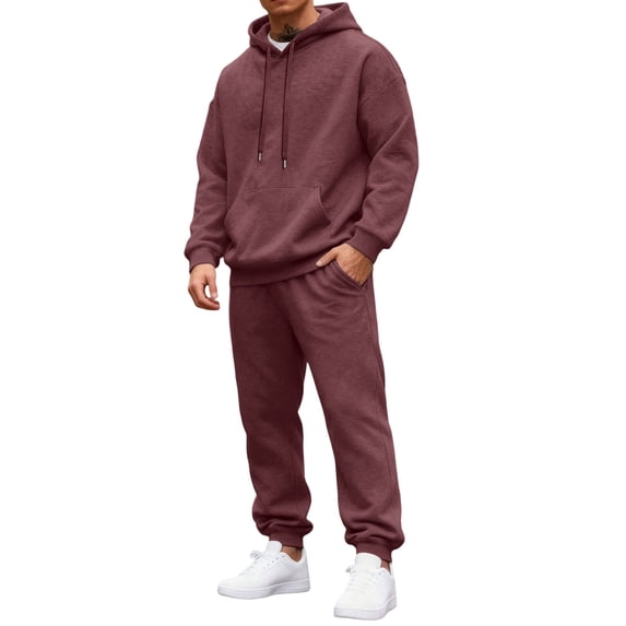 Mens Tracksuit 2 Piece Outfit Pullover Hoodie and Cuffed Hem Joggers Fall Winter Athletic Sweat Suit Casual Gym Running Clothes Wine M