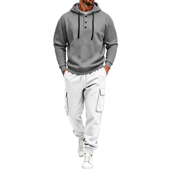 Mens Tracksuit 2 Piece Sets Quarter Button Hoodie with Drawstring Waist Cargo Jogger Pants Multi Pocket Solid Color Fall Winter Outfits Lounge Sets for Daily Casual Streetwear