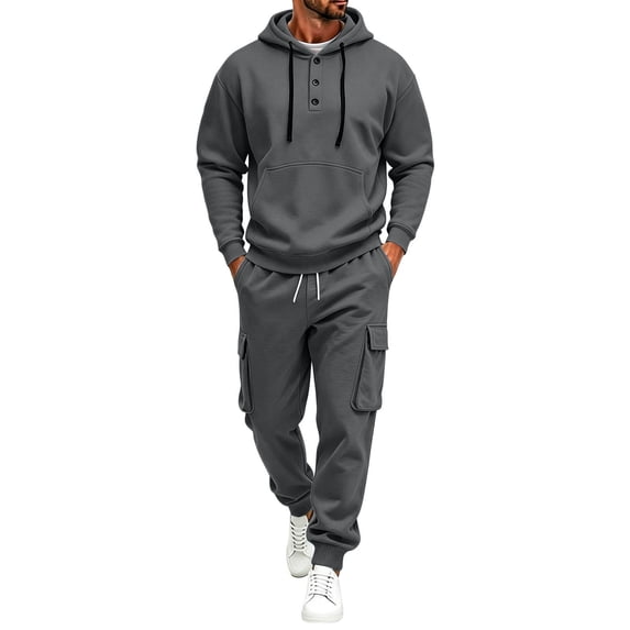 Mens Tracksuit 2 Piece Sets Quarter Button Hoodie with Drawstring Waist Cargo Jogger Pants Multi Pocket Solid Color Fall Winter Outfits Lounge Sets for Daily Casual Streetwear