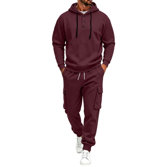Mens Tracksuit 2 Piece Sets Quarter Button Hoodie with Drawstring Waist Cargo Jogger Pants Multi Pocket Solid Color Fall Winter Outfits Lounge Sets for Daily Casual Streetwear