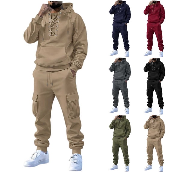 Mens Tracksuit 2 Pieces Outfits Hoodie and Cargo Pants Set Drawstring Hooded Sweatshirts Sweatpants Sweatsuit Sets Casual Long Sleeve Fall Winter Loungewear Sets for Men
