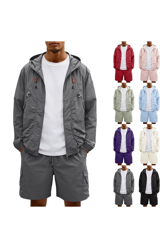 Mens Tracksuit Casual 2 Piece Quick-drying Hooded Coat With Sun Shorts Set Athletic Jogging Sports Outfits Light Green XL