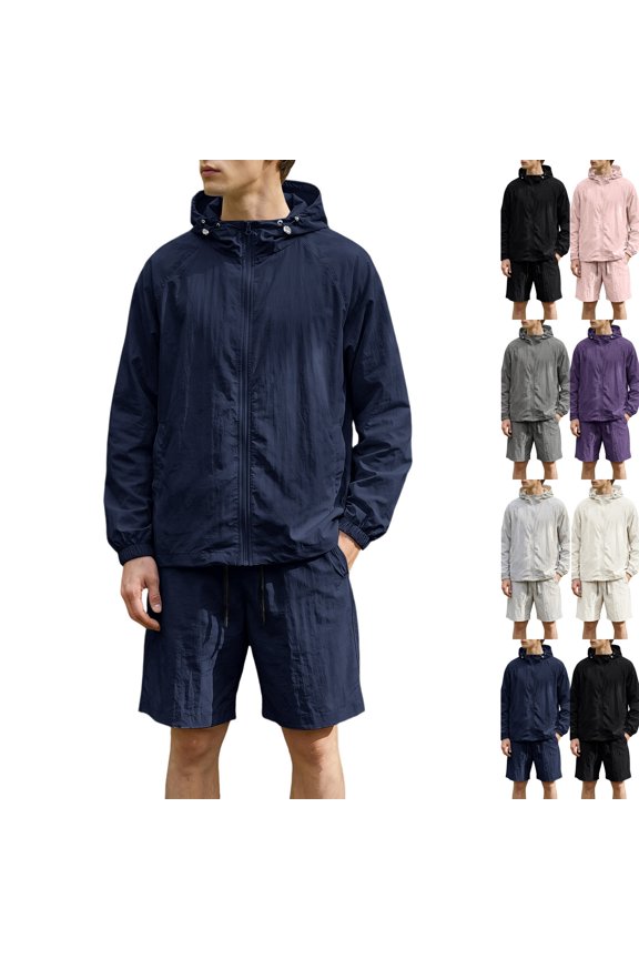Mens Tracksuit Casual 2 Piece Waterproof Rain Jacket and Cargo Shorts Set Athletic Jogging Sports Outfits,Navy,3XL