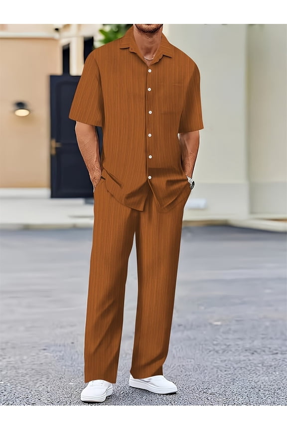 Mens Tracksuit Polo Shirt Set 2 Piece Suit Button Short Sleeve Beach Joggers Gym Top Casual Sport Sweat Activewear Brown 3XL