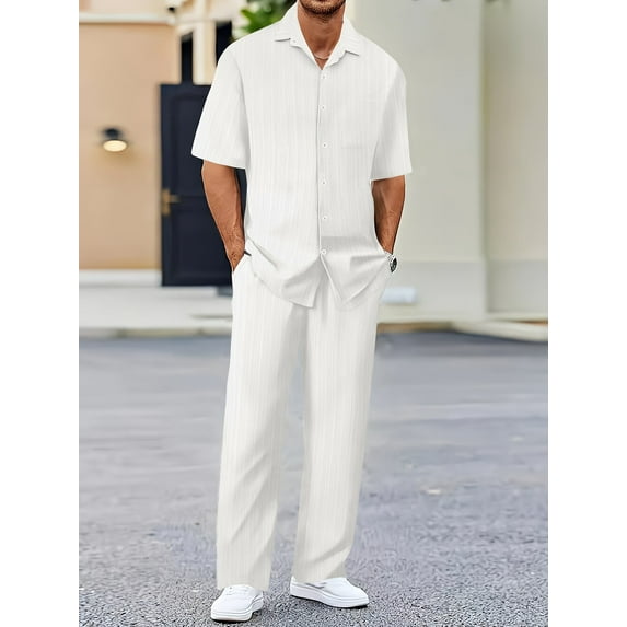 Mens Tracksuit Polo Shirt Set 2 Piece Suit Button Short Sleeve Beach Joggers Gym Top Casual Sport Sweat Activewear White XL