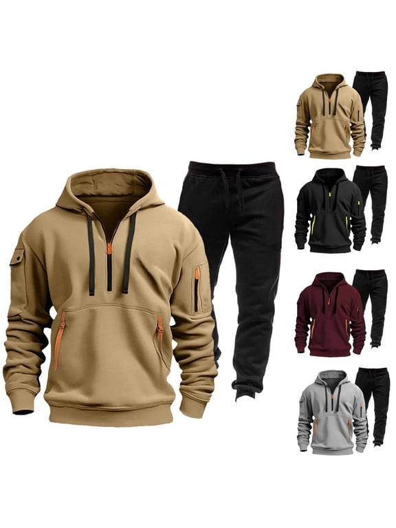 Mens Tracksuit Set 2 Piece Quarter Zip Multi Pocket Zipper Personalized Sweatpants Casual Sweatsuits Hoodie
