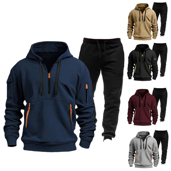 Mens Tracksuit Set 2 Piece Quarter Zip Multi Pocket Zipper Personalized Sweatpants Casual Sweatsuits Hoodie