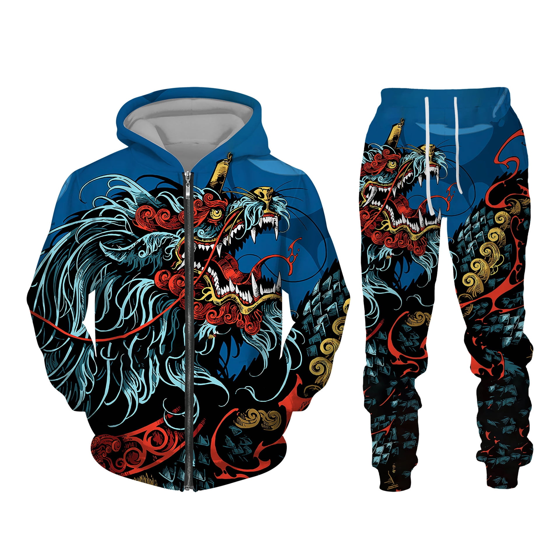 Mens Tracksuit Set Chinese Dragon 2 Piece Sets Full Zip Hoodies