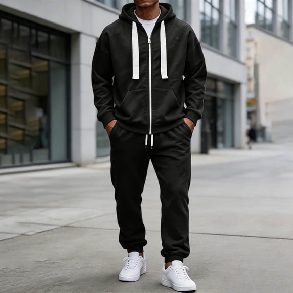 Mens Tracksuit Set Hoodie Top Jogging Bottoms Casual Full Zip Joggers Sports Sweatsuit with Pockets Black M