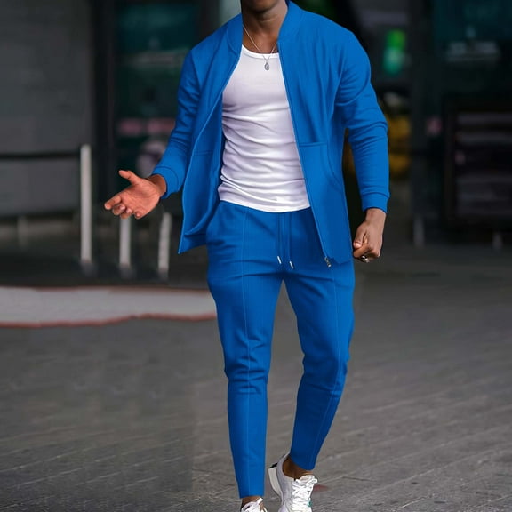 Mens Tracksuit Sets Full Zip Jogging Sports Gym Suit 2 Piece Athletic Contrast Sweat Suits Blue XXXL