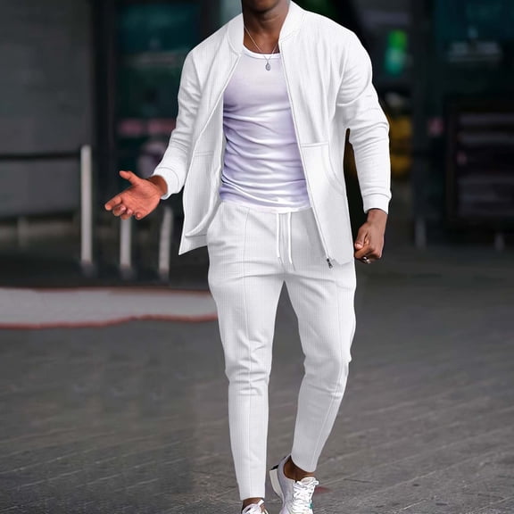 Mens Tracksuit Sets Full Zip Jogging Sports Gym Suit 2 Piece Athletic Contrast Sweat Suits White XXXL