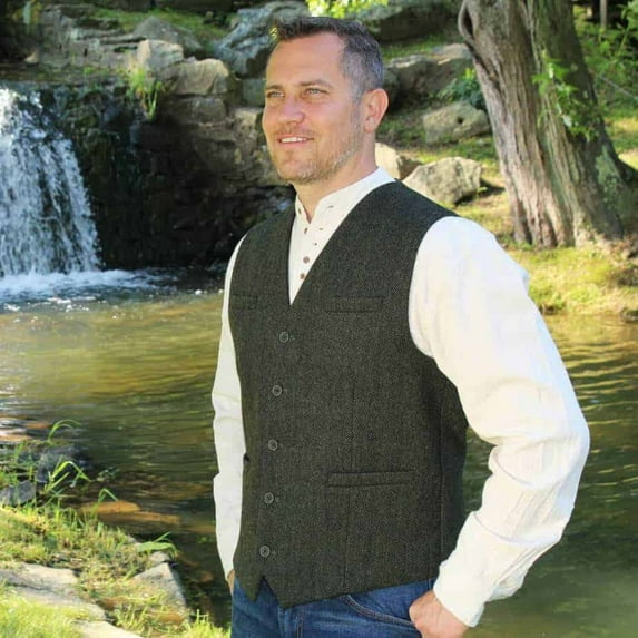 Men's Herringbone Tweed Vest, 5-Button Closure, Wool Blend, Adjustable Back Strap, Green, Small