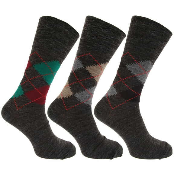 Mens Traditional Argyle Pattern Non Elastic Lambs Wool Blend Socks (Pack Of 3)