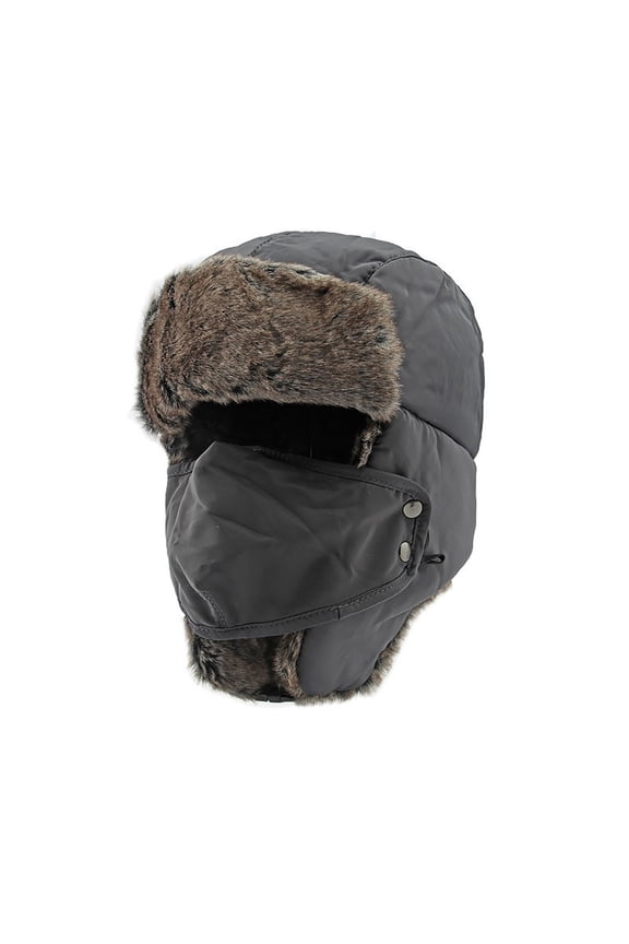 Mens Trapper Hat Winter Russian Hat with Ear Flaps Detachable Face Mask Bomber Hat Gray