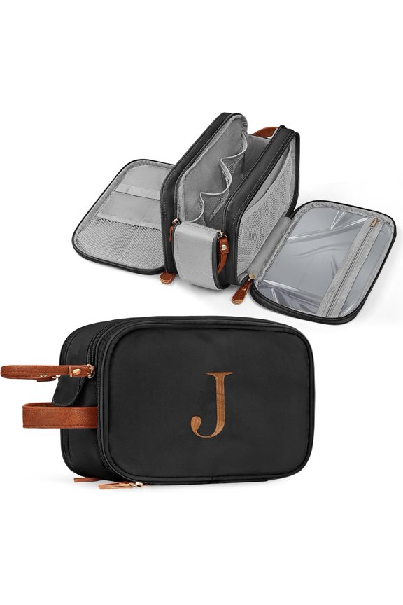 Mens Travel Bag Toiletry - Dad Father Gifts for Men, Personalized Gift for Women Men, Initial Black Toiletry Bag Water Resistant Travel Essentials Birthday Gifts, Dopp Kit Letter J Black