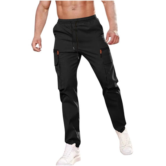 Mens Travel Cargo Pants Hiking Multi-Pockets Drawstring Elastic Waist Solid Color Trousers Fathers Gift