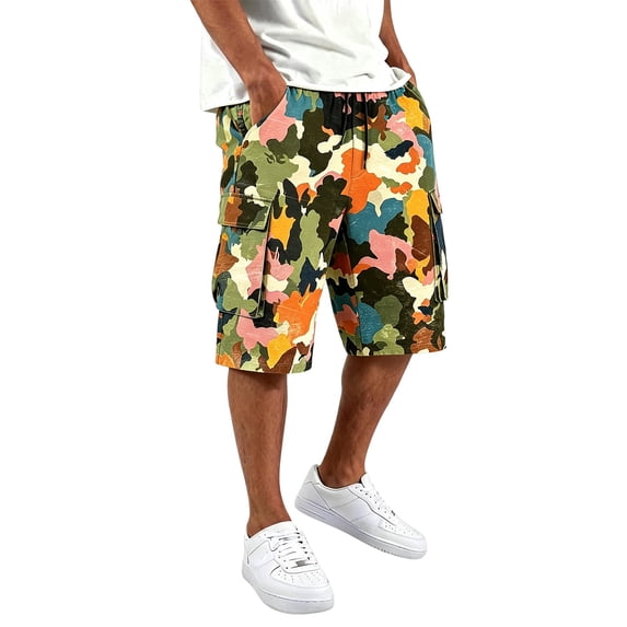Mens Travel Pants Printed Drawstring Straight Pocket Workwear Shorts