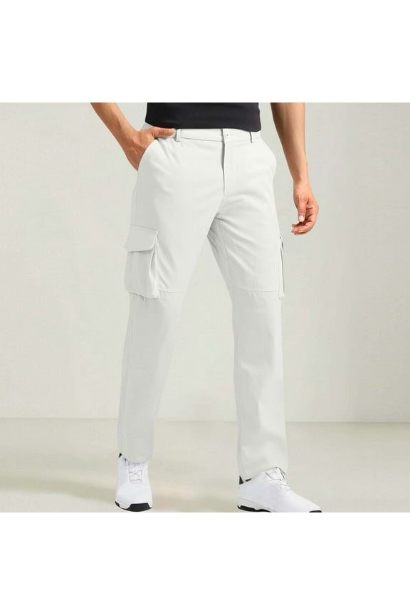 Mens Travel Pants Plus Size, Man Solid Color Casual Multi Pocket Zipper Button Work Pants Full Length Trousers New Loose Pants for Men White XL
