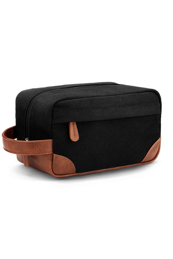 Mens Travel Toiletry Bag Canvas Leather Cosmetic Makeup Organizer Shaving Dopp Kits with Double Compartments (Black)