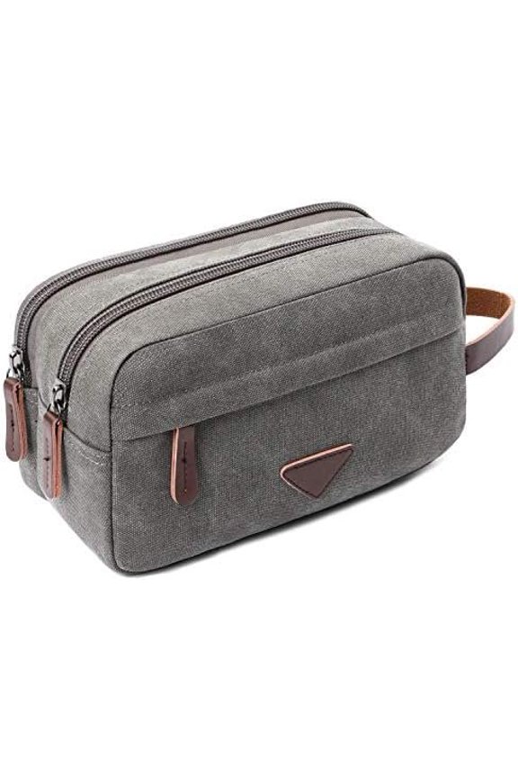 Mens Travel Toiletry Bag Canvas Leather Makeup Organizer Shaving Dopp Kits with Double Compartments (Gray)