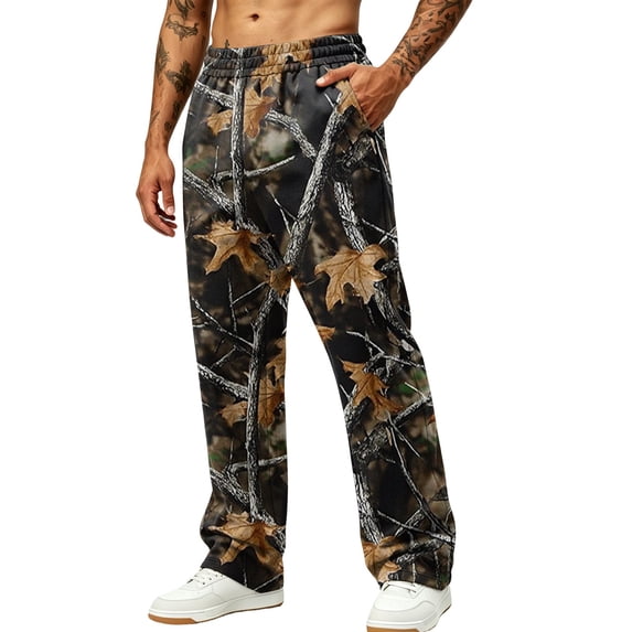 Mens Tree Camo Graphic Pants Baggy High Waist Straight Leg Athletic Jogger Sweatpants for Outdoor Hunting Coffee S