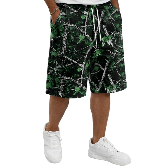 Mens Tree Leaf Camo Cargo Shorts Elastic Drawstring Waist Loose Fit Knee Length Casual Multi Pockets Shorts L