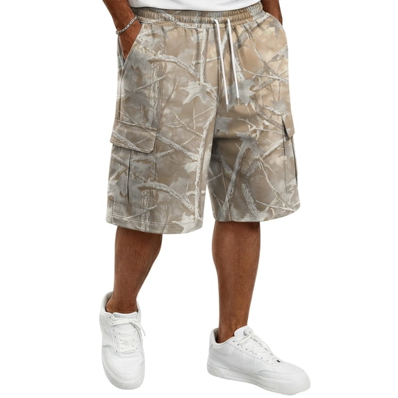 Mens Tree Leaf Camo Print Shorts Elastic Drawstring Waist Multi Pockets Loose Fit Knee Length Shorts L