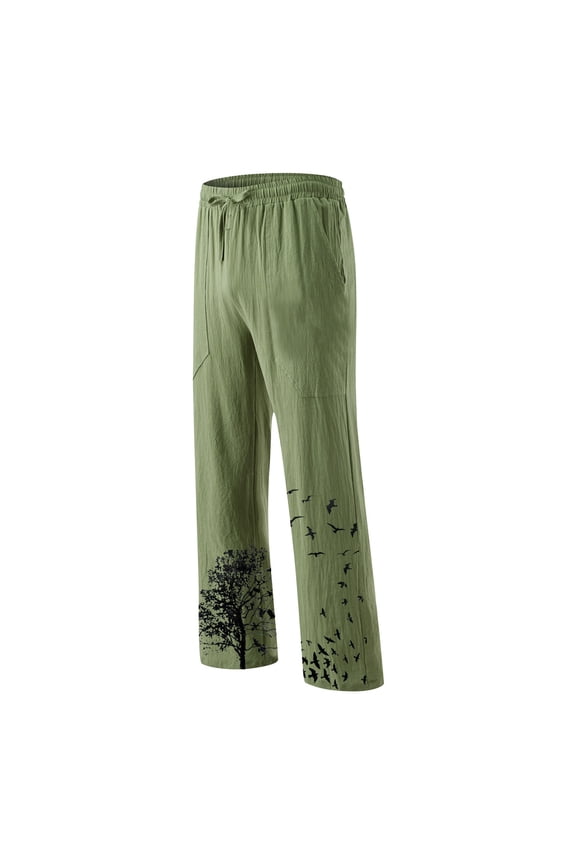 Mens Tree and Bird Graphic Print Pants Drawstring Waist Lightweight Summer Casual Patterned Trousers Loose Fit Bottoms M