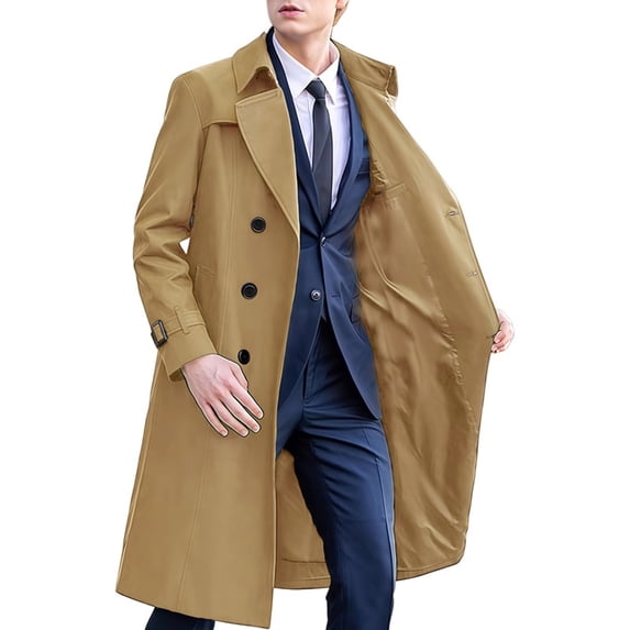 Mens Trench Coat Double Breasted Long Jacket Casual Windbreaker Notched Lapel Belted Overcoat Khaki XXL(XXL)