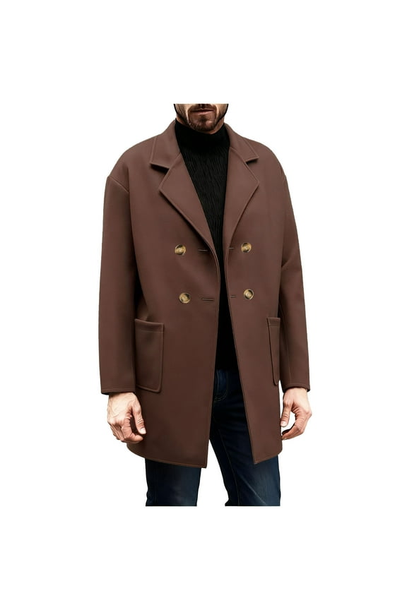 Mens Trench Coat Double Breasted Mid Long Woolen Jackets Notched Lapel Collar Fashion Casual Dress Pea Coat (2XL, Brown)