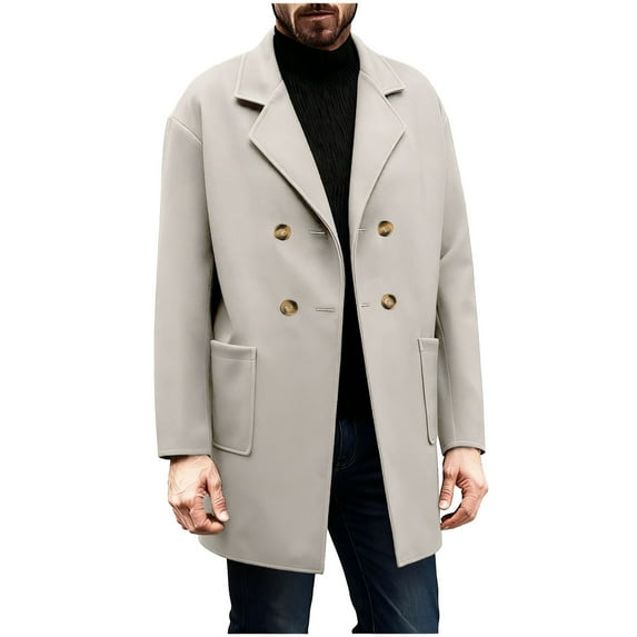 Mens Trench Coat Double Breasted Mid Long Woolen Jackets Notched Lapel Collar Fashion Casual Dress Pea Coat (S, Beige)