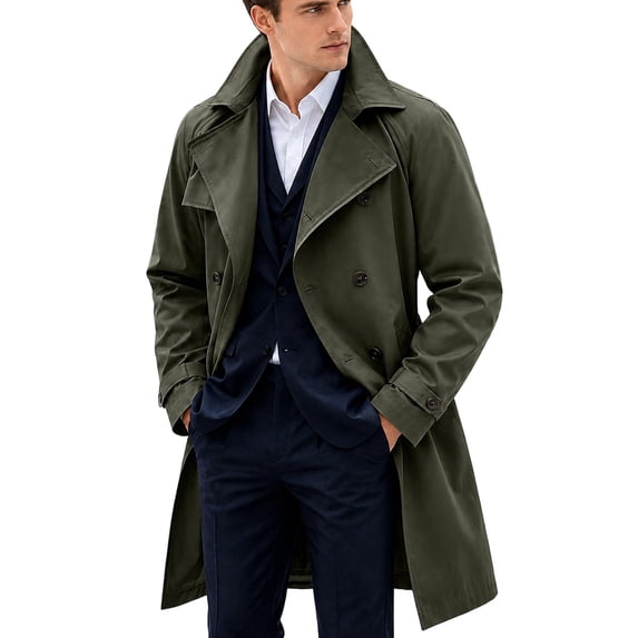 Mens Trench Coat Double Windbreaker Overcoat Notched Lapel Long Jacket Overcoat Fall Winter Business Long Jacket Army Green XL