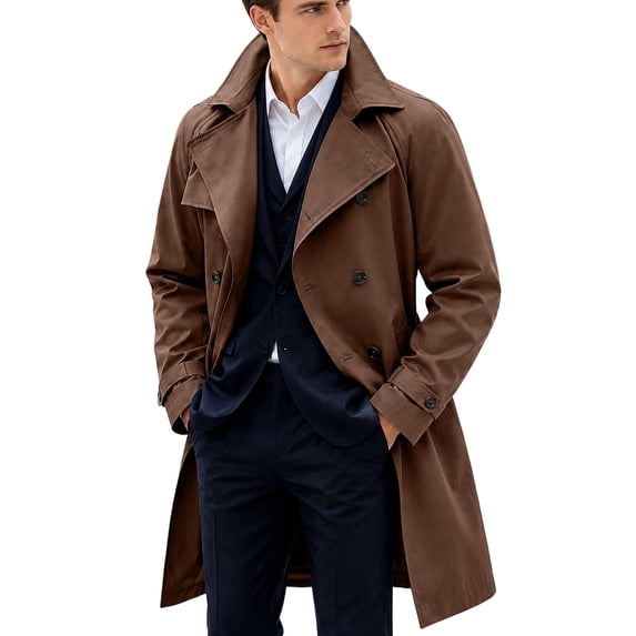 Mens Trench Coat Double Windbreaker Overcoat Notched Lapel Long Jacket Overcoat Fall Winter Business Long Jacket Coffee L