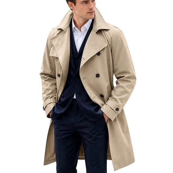 Mens Trench Coat Double Windbreaker Overcoat Notched Lapel Long Jacket Overcoat Fall Winter Business Long Jacket Khaki XXL