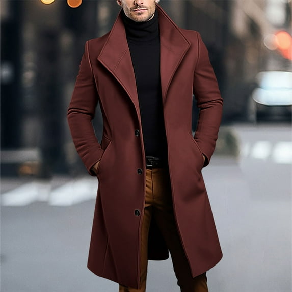 Mens Trench Coat Fall Winter Long Single Breasted Peacoat Casual Warm Soft Lightweight Jacket with Pocket New Windbreaker Jacket Men Fall Wine L