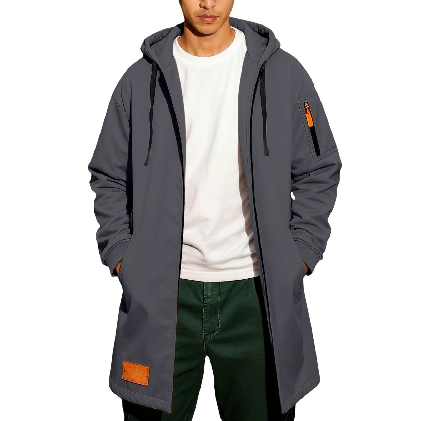 Mens Trench Coat Hoodie Long Jacket Full Zip Winter Business