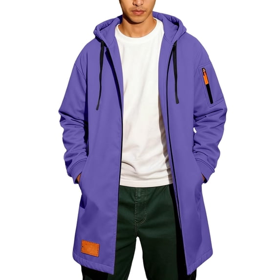 Mens Trench Coat Hoodie Long Jacket Full Zip Winter Business Overcoat Flannel Fleece Tunic Sweatshirt with Pockets