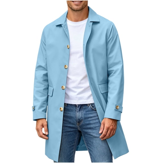 Mens Trench Coat Lapel Button Down Long Jacket,Warm Windproof Fall Winter Daily Casual Comfy Wear with Pocket,Mid Length Outwear,Blue,L