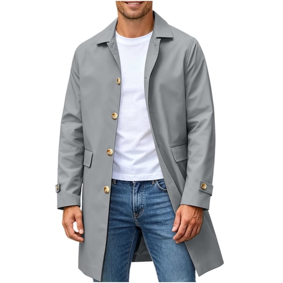 Mens Trench Coat Lapel Button Down Long Jacket,Warm Windproof Fall Winter Daily Casual Comfy Wear with Pocket,Mid Length Outwear,Gray,3XL
