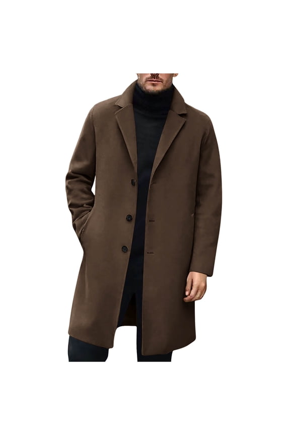 Mens Trench Coat Long Casual Brested Overcoat Winter Notched Collar Wool Pea coat With Pockets (Brown,S)