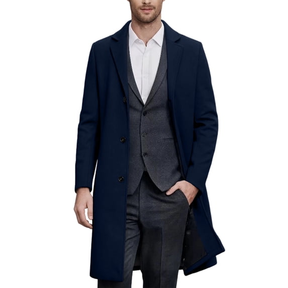 Mens Trench Coat Long Coats Winter Overcoat with Notched Lapel, Warm Windproof Topcoat for Fall Winter Casual Wear 1 Pcs Navy L