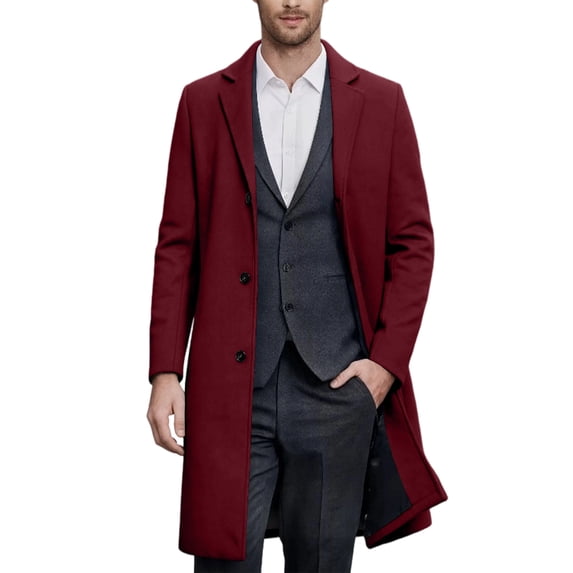 Mens Trench Coat Long Coats Winter Overcoat with Notched Lapel, Warm Windproof Topcoat for Fall Winter Casual Wear 1 Pcs Wine 3XL