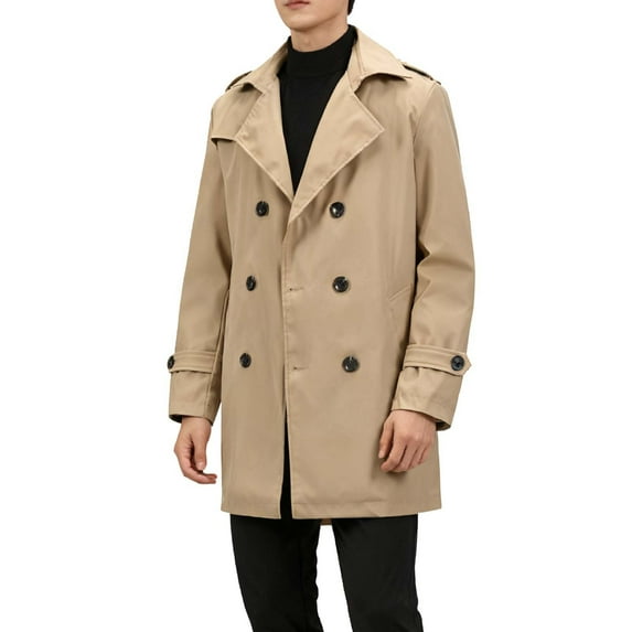 Mens Trench Coat Slim Fit Double Breasted Long Jacket Solid Color Notched Lapel Windproof Coat